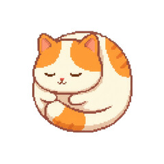 Cute pixel art cat curled up sleeping, cozy and adorable, white background