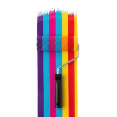 Colorful Paint Roller Creating Vibrant Stripes on White Background, Art and Design