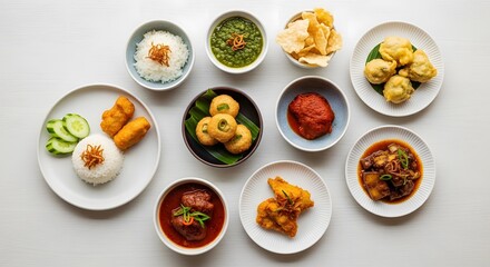 Assorted international cuisine delicacies beautifully arranged on multiple plates, viewed from above on a clean surface, showcasing a variety of Whisk culinary delights