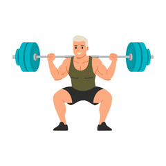 strong man barbell squat, high bar squat exercise, weightlifting workout scene, bending knees squat form, strength training concept, gym fitness routine, heavy barbell lift, muscular athlete training,
