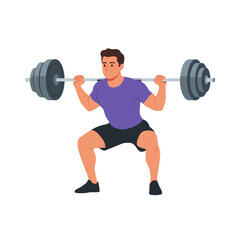 strong man barbell squat, high bar squat exercise, weightlifting workout scene, bending knees squat form, strength training concept, gym fitness routine, heavy barbell lift, muscular athlete training,