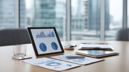 Modern Business Workspace with Digital Tablet, Financial Charts, Glass, and Smartphone, Showing Data Analysis and Professional Environment