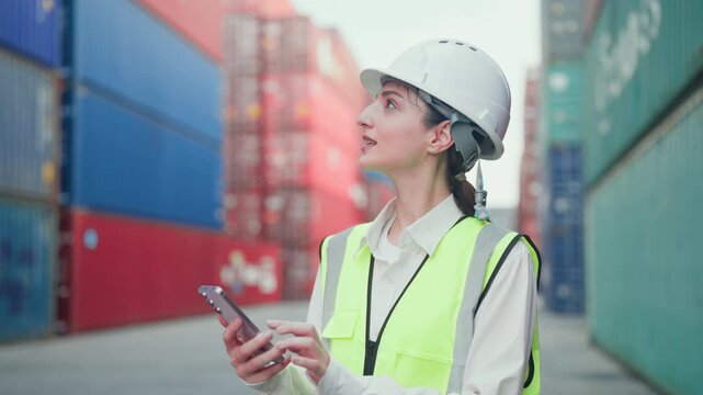 Professional woman in a safety vest and hard hat checking data on a smartphone while standing between shipping containers at a busy port. Smart logistics and industry concept.
