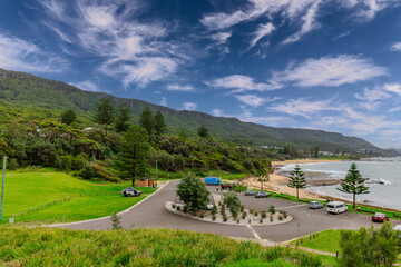 Sea Cliff Bridge on the southern coast of Sydney with sweeping Ocean Views and Mountain terrain. a major Bridge Road on the beautiful Australian coastline Australia