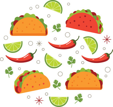 Mexican taco pattern set. Seamless background with lime and chili. Colorful street food design. Fun fiesta vector illustration pack.