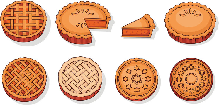 Pie dessert Premium icon set. Lattice crust and pumpkin pie collection. Sweet bakery tart vector illustration bundle.
