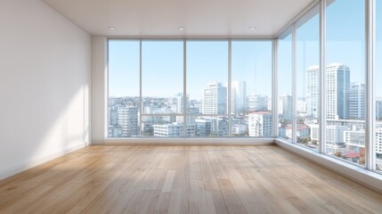 Fototapeta premium Spacious modern interior with large windows overlooking urban skyline, bright sunlight pouring in, minimalistic design, wooden floor, and city view