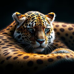 Obraz premium A close-up portrait of a wild leopard with intense eyes and distinctive spots captures the dangerous beauty of this feline predator in its natural safari habitat