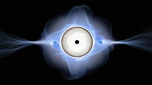 A luminescent sphere, encircled by ethereal blue lines, glows against a black background