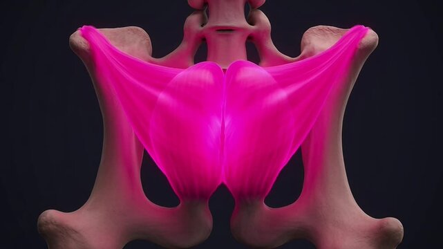 Detailed 3D Rendering Of The Human Pelvis Bone Structure With Highlighted Pink Gluteal Muscles On A Dark Gradient Background Anatomical Medical Scientific Illustration