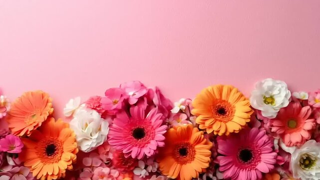 A vibrant assortment of pink and orange flowers forms a floral border against a solid pink background