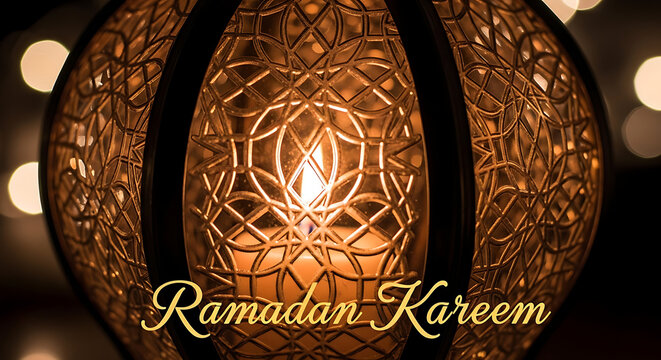 Ramadan kareem greeting card with glowing lantern and candle inside featuring intricate geometric patterns