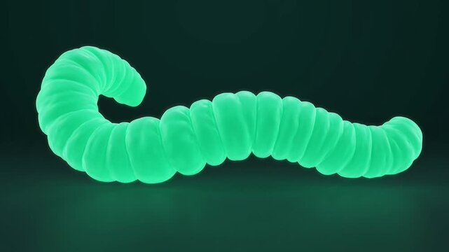 Bright Green Segmented Worm Creature Illuminated Against Dark Teal Background With Subtle Lighting And Smooth Surface Texture