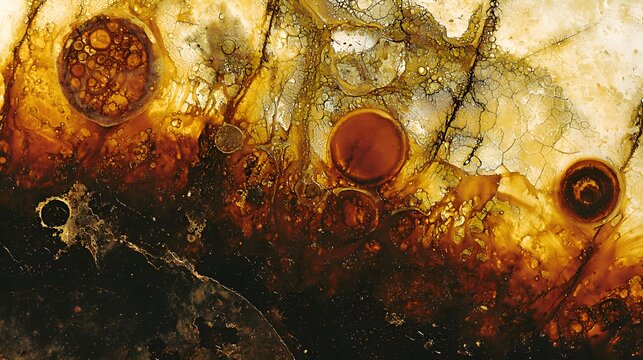 Abstract fluid art with brown and golden liquid cells and bubbles macro photography of organic cosmic texture for creative backgrounds