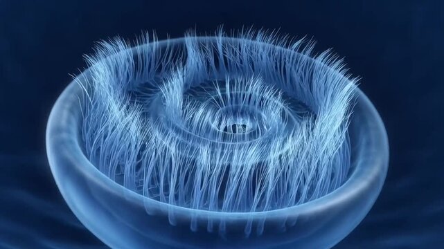 Abstract Blue Cochlea Structure Detailed Inner Ear Anatomy Medical Science Representation Illuminated Glowing Blue Organic Form In Motion