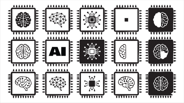 Artificial intelligence concept icons set on cpu chips, brains and network connections