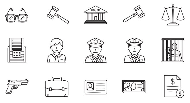 A set of line icons related to law, justice, and crime, including legal symbols and criminal justice elements.