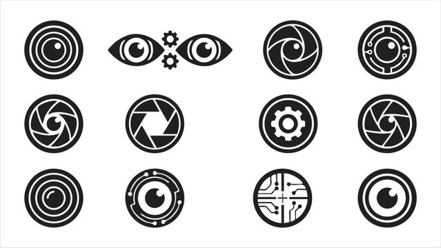 Set of camera lens and robot eye icons, optical and vision technology symbols, shutter aperture elements