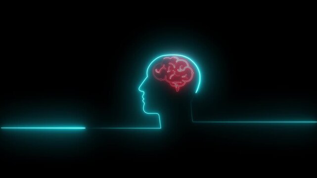 Glowing neon human head with red brain outline on dark background with blue lines