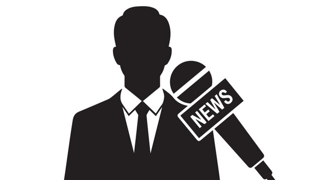 Silhouette of a man in a business suit holding a news microphone, reporting live on current events and journalism.