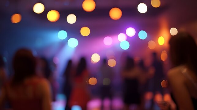 Blurred colorful bokeh lights create a vibrant and festive atmosphere at a crowded night party capturing the essence of celeb n
