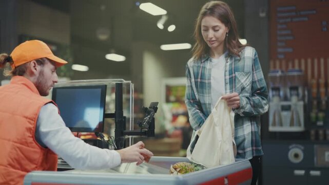 Customer packing eco friendly bag, Customer at store packing items into ecofriendly reusable bag during checkout