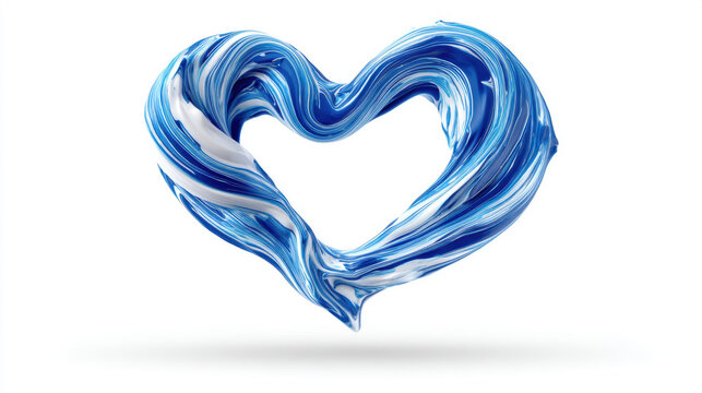 Blue and white toothpaste shaped into heart symbol isolated on light gray background. Smooth glossy texture with visible swirl pattern representing dental care, love and freshness concept.