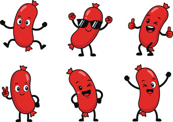 Obraz premium Cute Cartoon Sausage Characters Vector Set with Funny Poses and Expressions for Food Branding, Stickers, Kids Designs, and Playful Graphic Projects