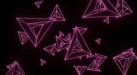 Obraz premium Abstract Geometric Neon Pink Wireframe Pyramids Floating in Darkness.