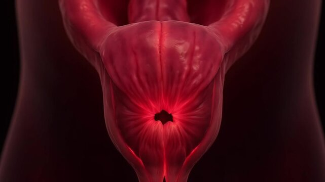 Close Up View of Female Reproductive System Anatomy with Soft Red Lighting and Dark Background Detailed Medical Illustration of Uterus and Cervix with Natural Textures and Luminal Opening