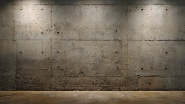 Raw concrete wall with visible formwork marks and textured surface lit by spotlights