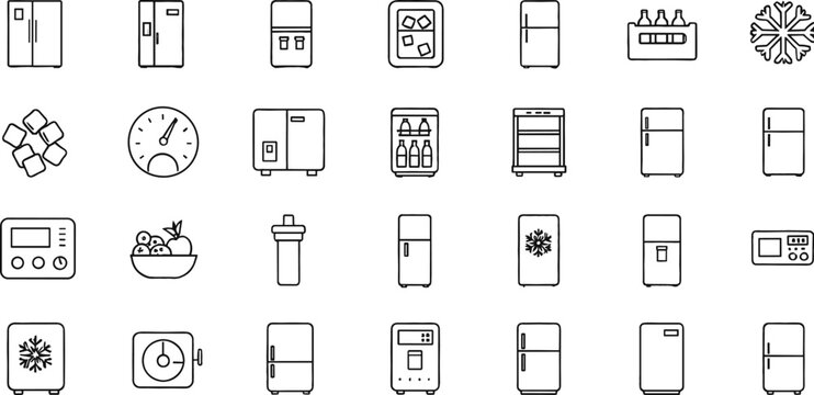 Refrigerator and Kitchen Appliance Line Icon Set with Freezer, Fridge Features, Temperature Control, Ice Maker, and Household Electronics Vector Symbols