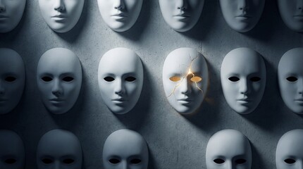 Dramatic conceptual render of white masks on a gray wall, highlighting one cracked face glowing gold.