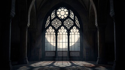 A dramatically lit, moody gothic hall interior where a large full moon illuminates the ornate window.