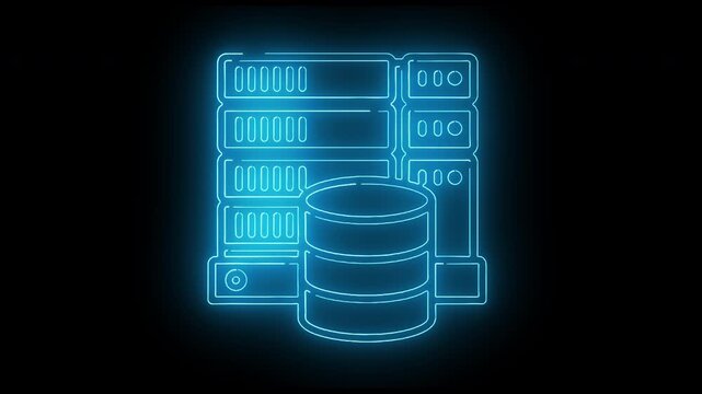 Neon-lit outline of a computer server with a database cylinder against a black background with blue glow.