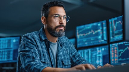 Focused man working on multiple computer screens analyzing data and graphs in a modern, high-tech office environment during night hours