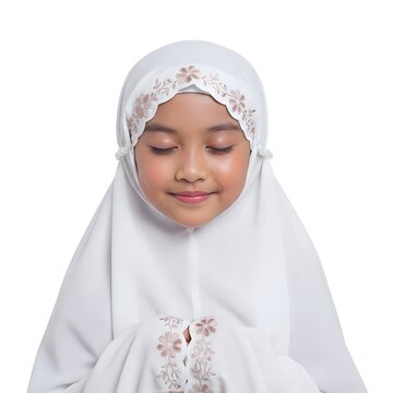 A young Muslim girl in a white prayer dress with embroidered details, eyes closed in peaceful contemplation or prayer, isolated on a white background.