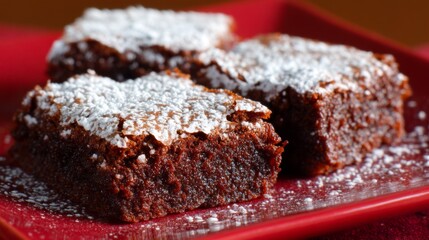 Deliciously Rich Chocolate Brownies with Powdered Sugar, Perfect for Dessert or Special Occasions, Close-Up of Scrumptious Treat on a Red Plate