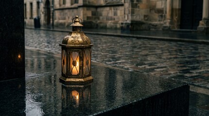 Cinematic close-up of a glowing brass lantern reflecting golden light on a dark, wet cobblestone street.
