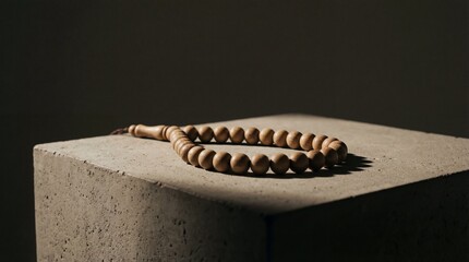 Dramatically lit, earthy wooden prayer beads rest peacefully on a rough stone block in a dark studio setting.