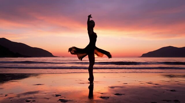Graceful ballet dancer silhouetted against a breathtaking sunset on a serene beach.