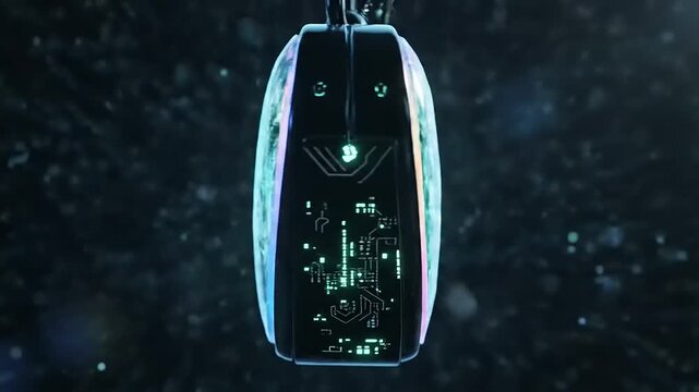 A futuristic computer mouse hovers in space, illuminated with neon lights and circuitry visible inside, against a dark, starry background.