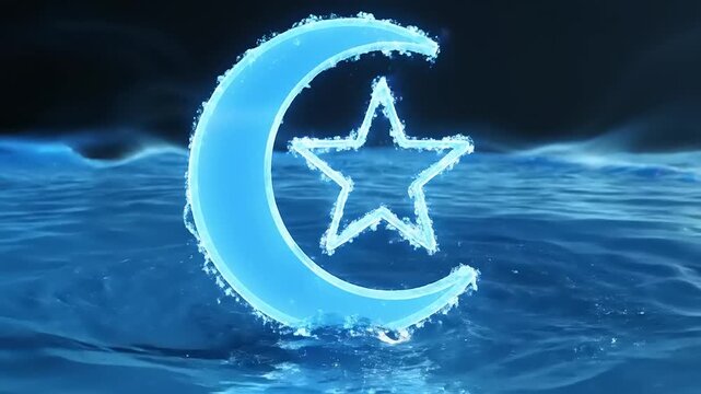 A serene crescent moon and star symbol floating on rippling water surface at dusk from a low angle