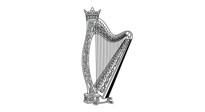 A detailed illustration of a traditional harp instrument in a simple style.