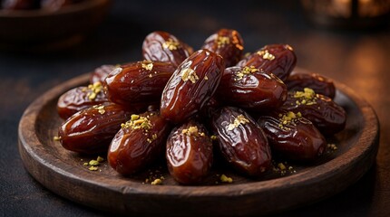 Rich brown medjool dates, piled high and garnished with gold leaf, are served on a rustic plate in a dark, inviting close-up.