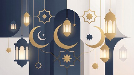 Elegant gold lanterns and crescent moons illuminate a modern deep blue abstract illustration with geometric islamic arches.