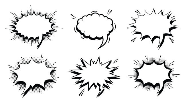 Six dynamic black and white comic book style explosion bubbles and jagged speech balloons for action-packed graphic designs.