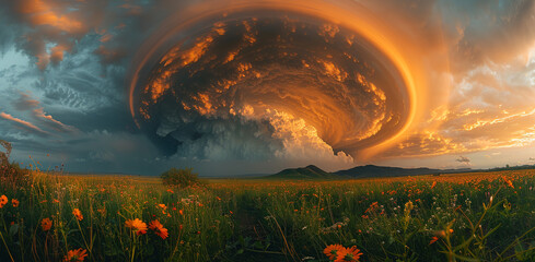  A strong hurricane over land with rain and lightning,Generated by AI