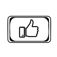 Obraz premium Black thumbs up holding smartphone in rounded square frame monochrome hand mobile phone