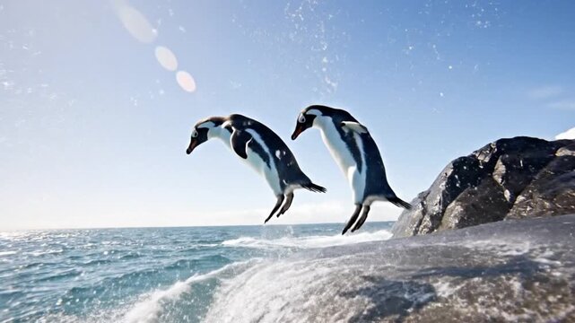 A playful penguin couple jumps off rocks into the ocean on a sunny day.